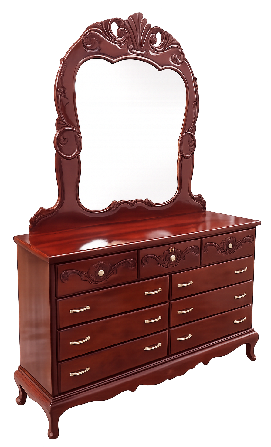 Handcrafted Wooden Dresser with Carved Mirror